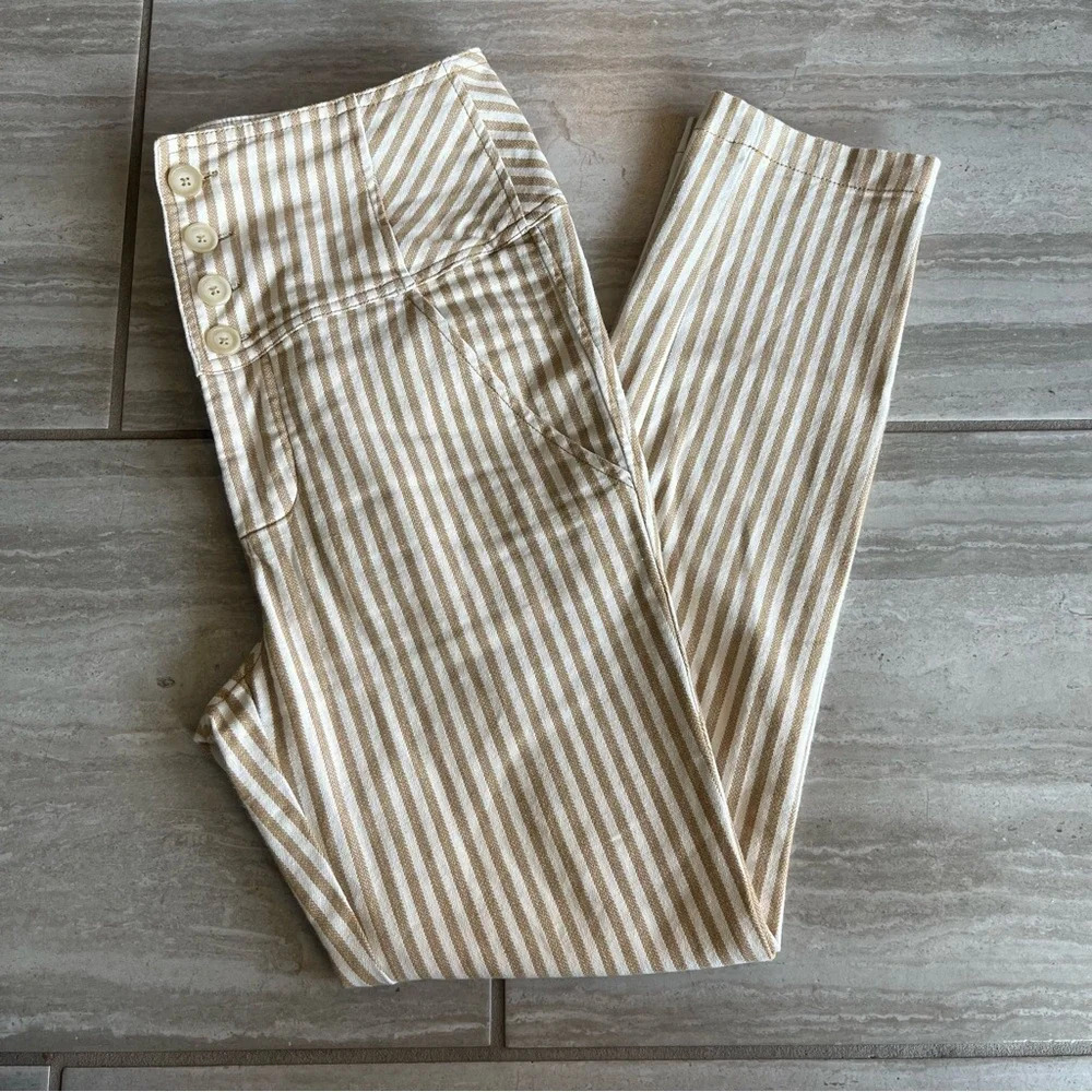 Free People Women's Beige Tan Striped High Waist Button Fly Frankie Pants Size 4 - Picture 3 of 8